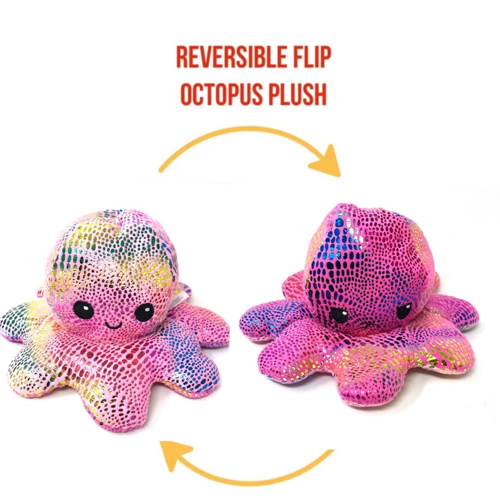 Reversible Plush Octopus Double Sided Flip Octopus Show Your Mood! Pink Glitter